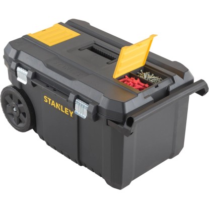 Stanley Montážní box Essential Mobile 50L: Pojízdný box na nářadí s teleskopickou rukojetí a organizérem.