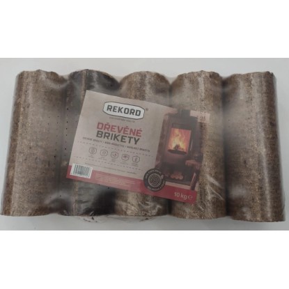 Dřevěné brikety Rekord, 10 kg, balené jako palivo.