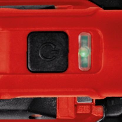 Detail: Akumulátorová tavná pistole Einhell TE-CG 18 Li Solo s LED indikátorem a spínačem.