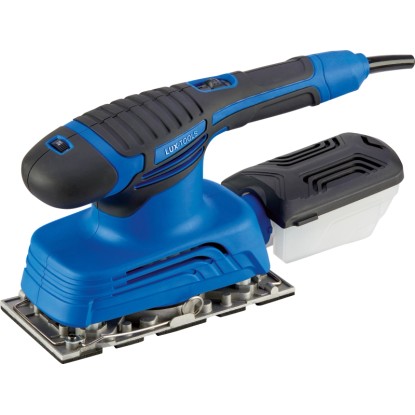 Modrá vibrační bruska LUX E-SWS-280 s prachovým boxem pro přesné broušení.
