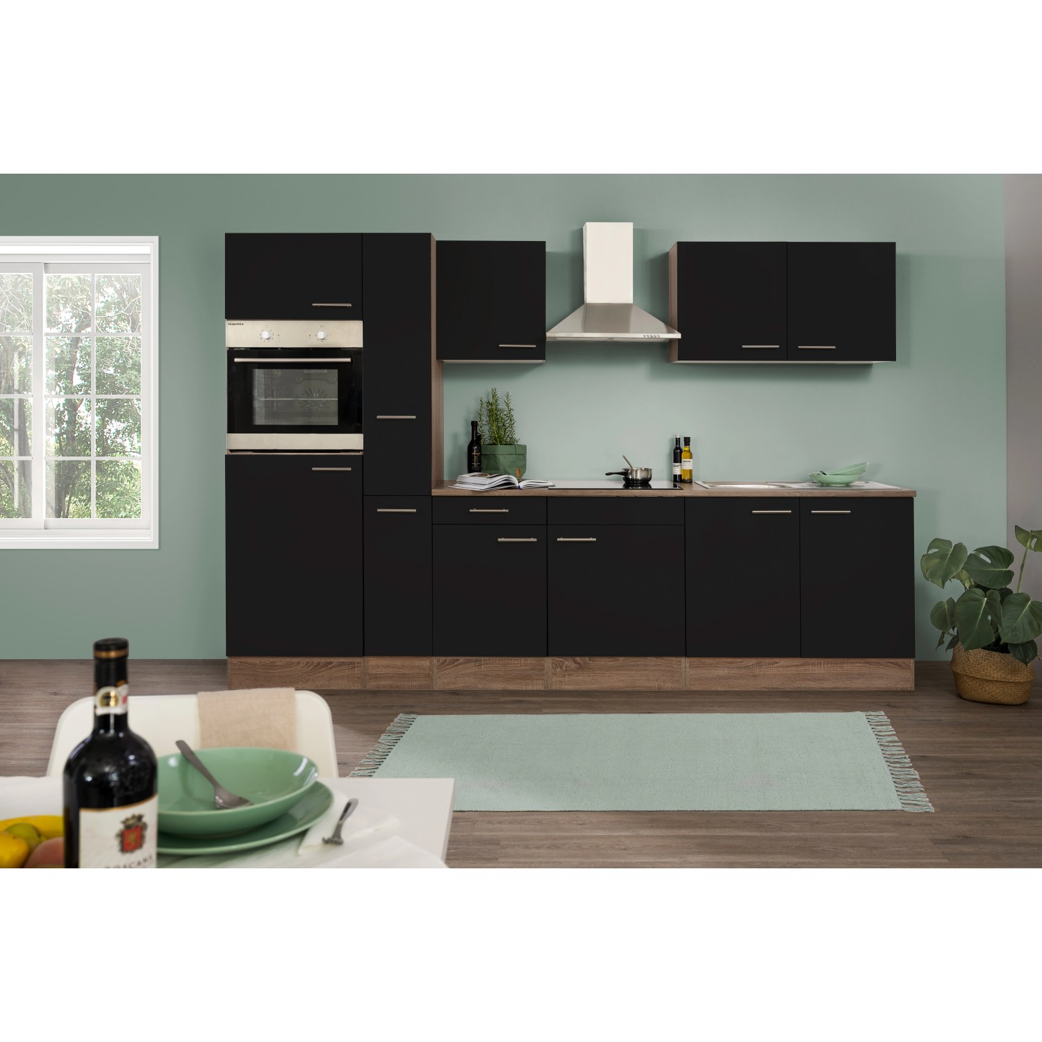 Respekta Kuchyně Oliver černá/dub 300 cm-trouba/skl.deska/digestoř/lednice