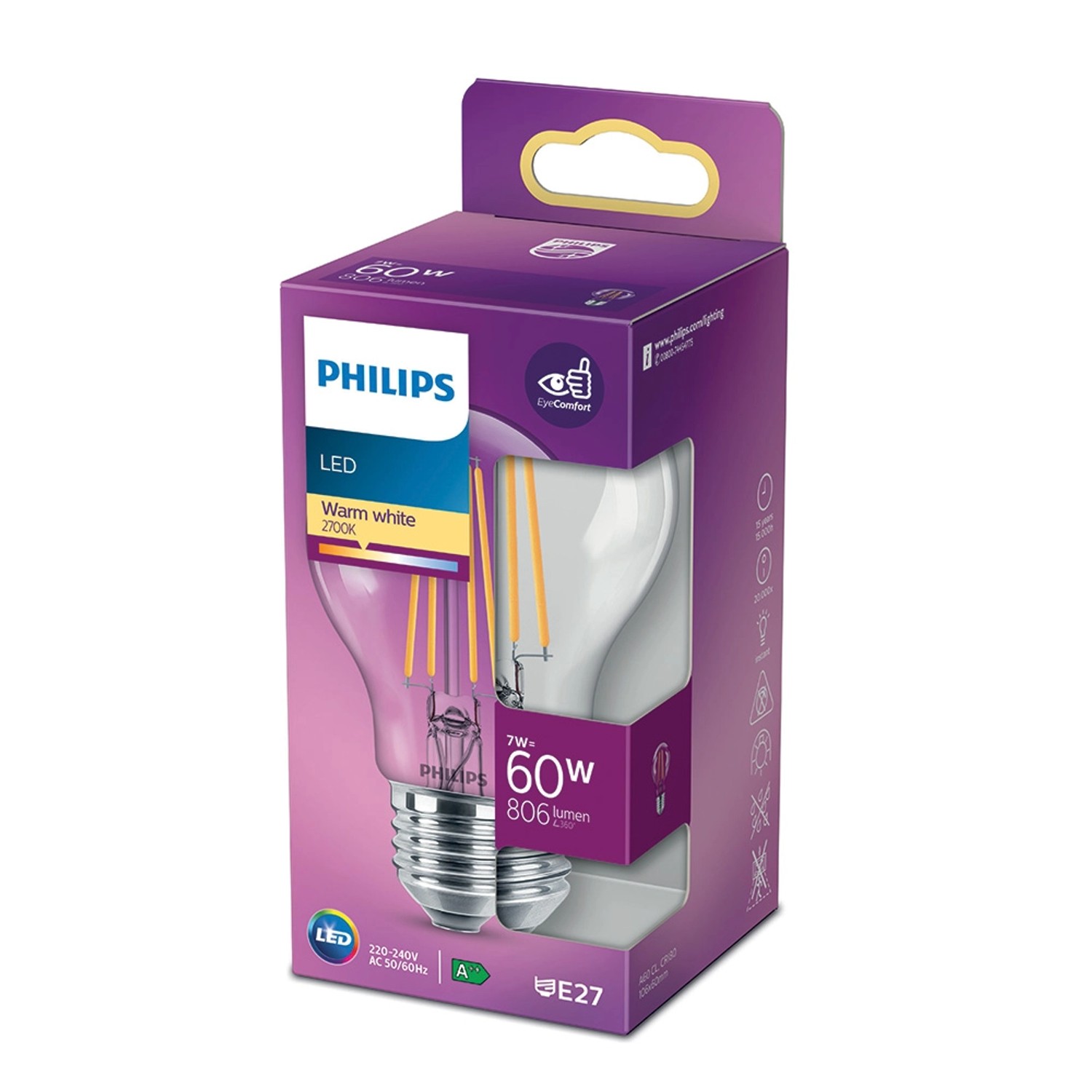 Philips Classic LED žárovka E27, 7 W, 806 lm, 2700 K, čirá