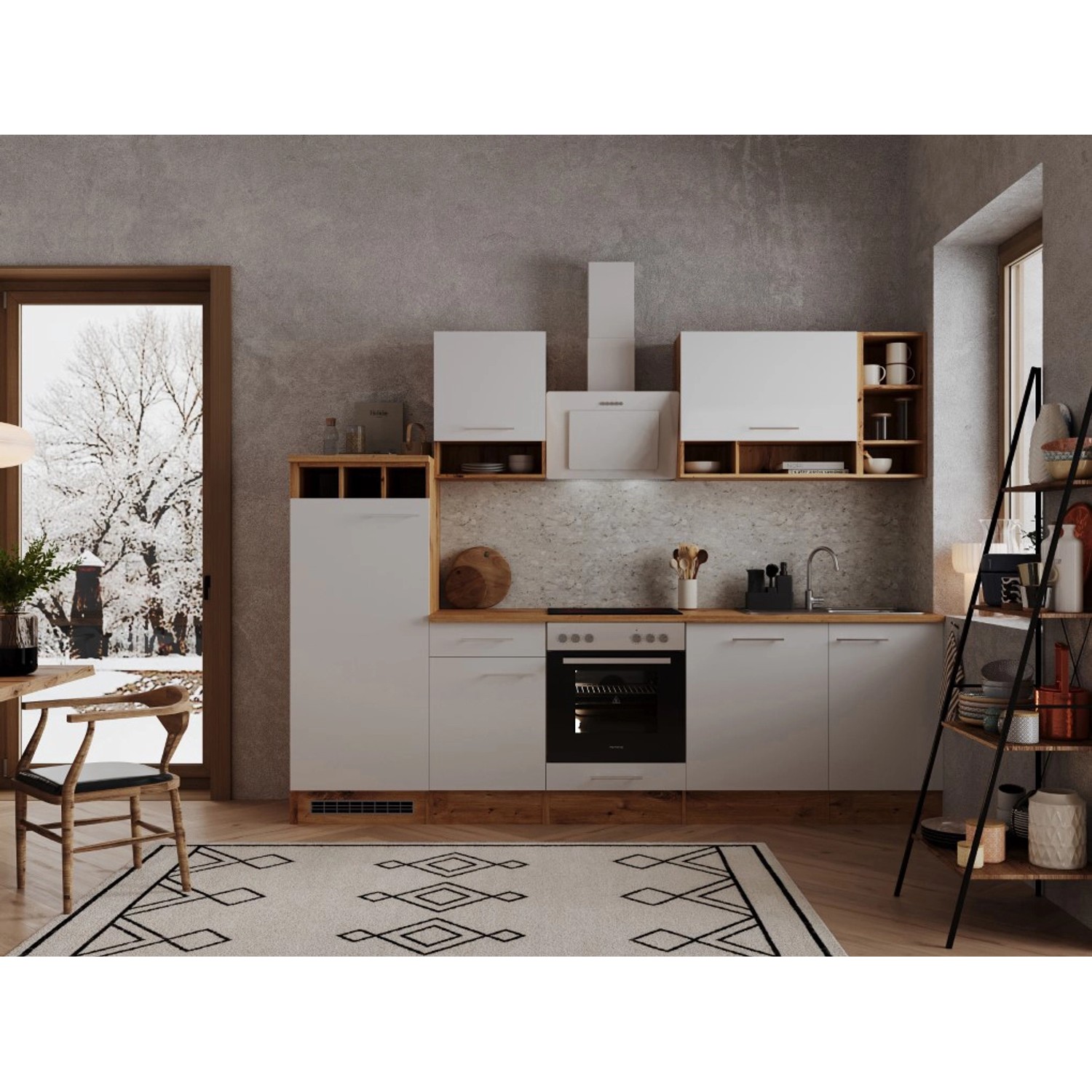 Respekta Kuchyně Hilde bílá/dub 280 cm-trouba+skloker.d./digestoř/myčka/lednice