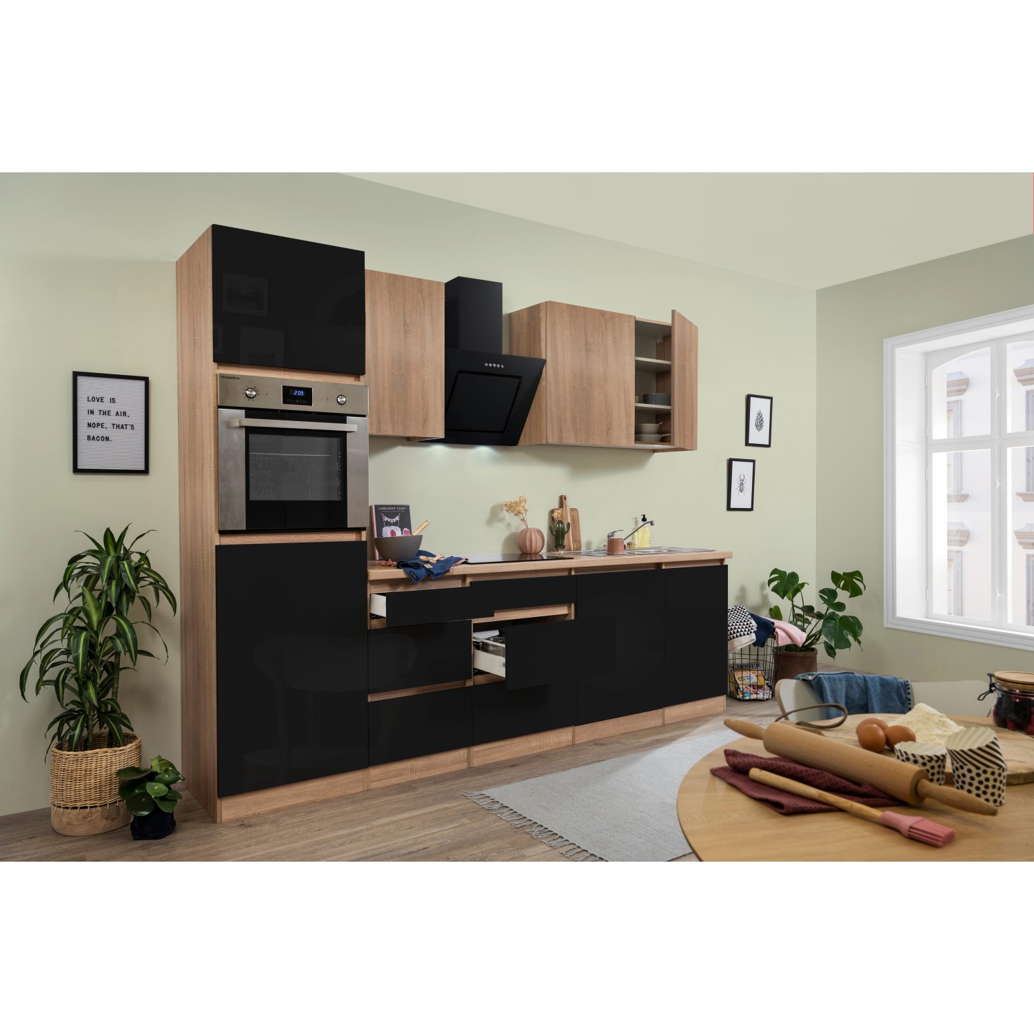 Respekta Kuchyně Lorena černá/dub 280 cm-trouba/skl.d.(2)/dig./myčka(2)/lednice