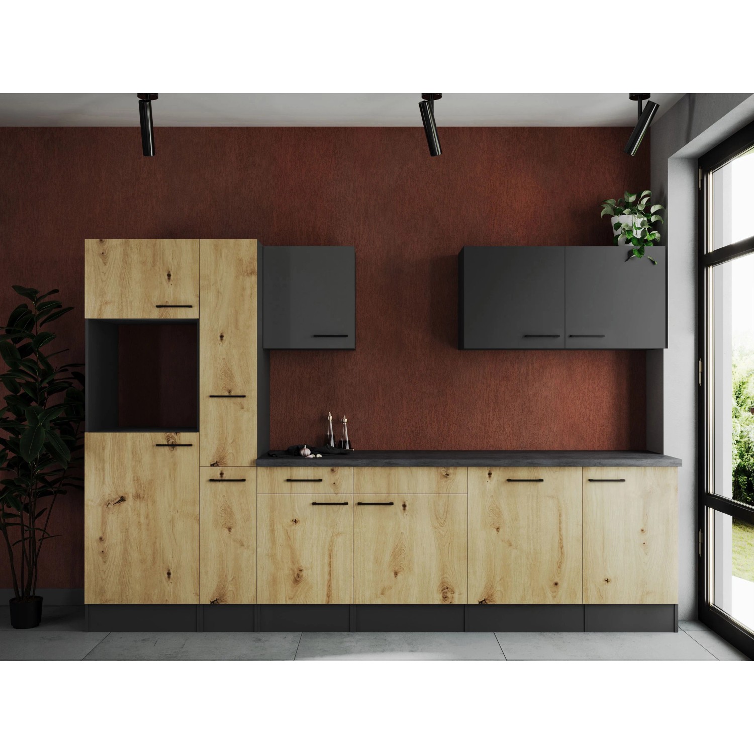 Respekta Kuchyně Oliver dub Artisan+šedá matná/žula 310 cm - bez el. přístrojů