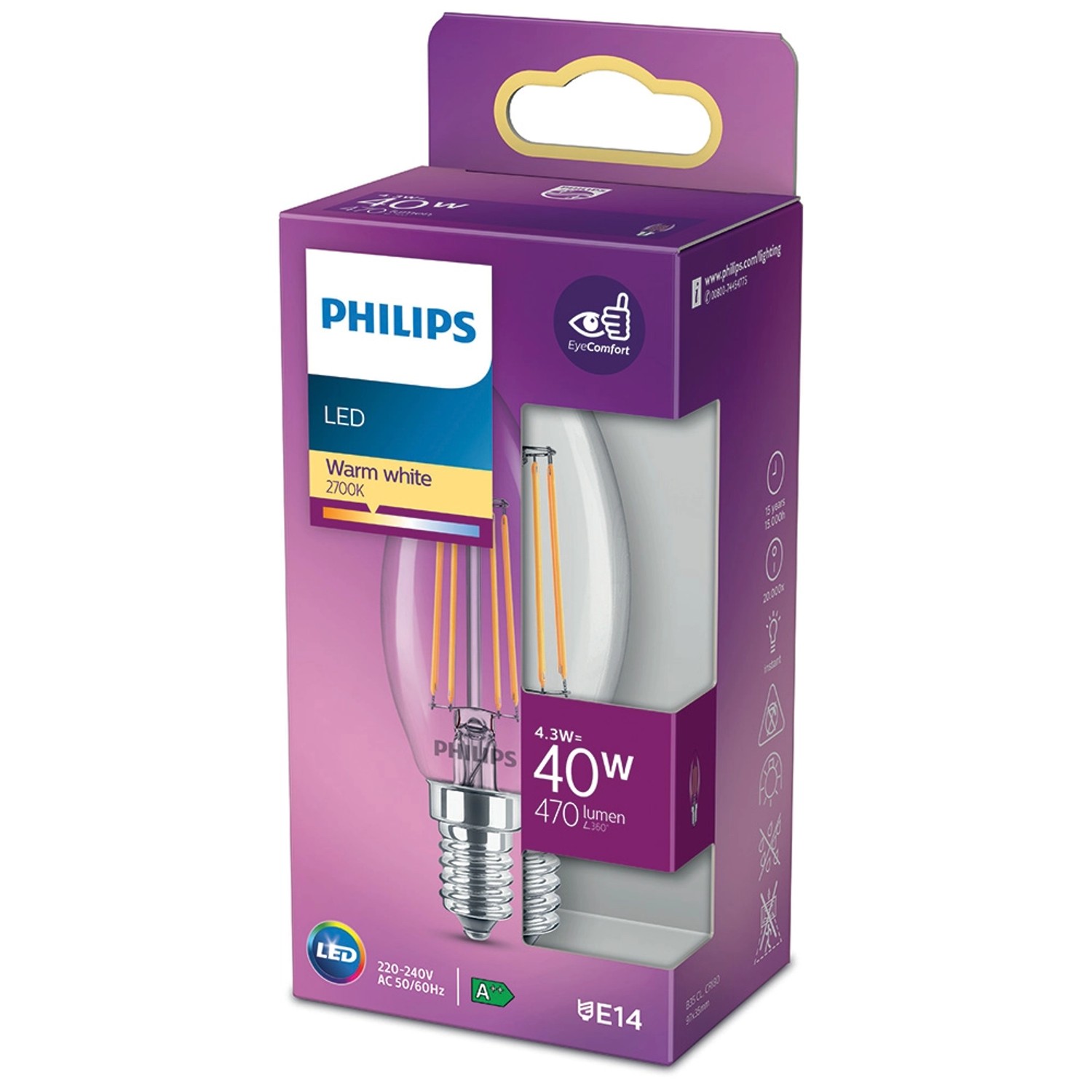 Philips Classic LED žárovka E14, 4,3 W, 470 lm, 2700 K, tvar svíčky