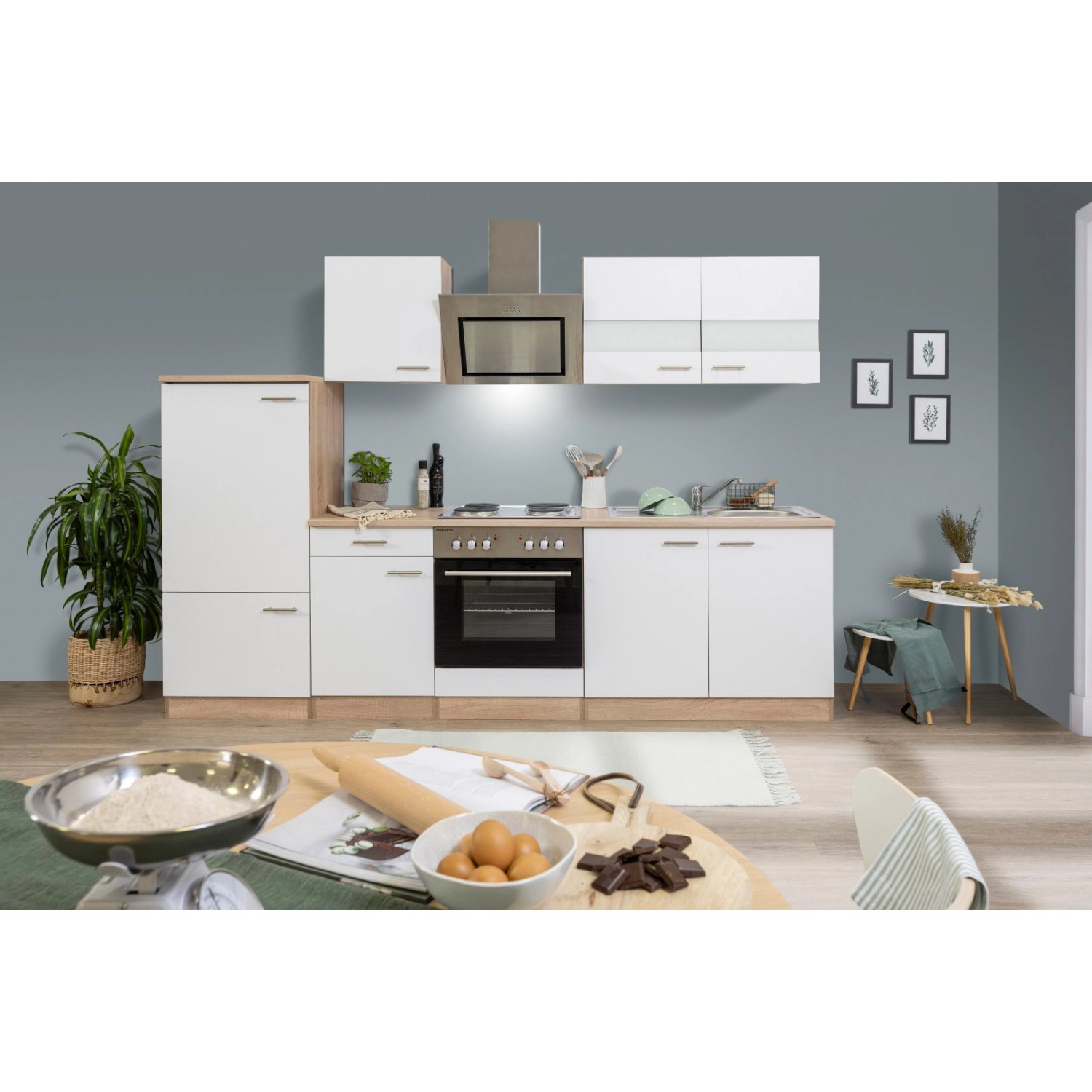 Respekta Kuchyně Merle bílá/dub 270 cm-nrz.deska/šikmá digestoř/lednice