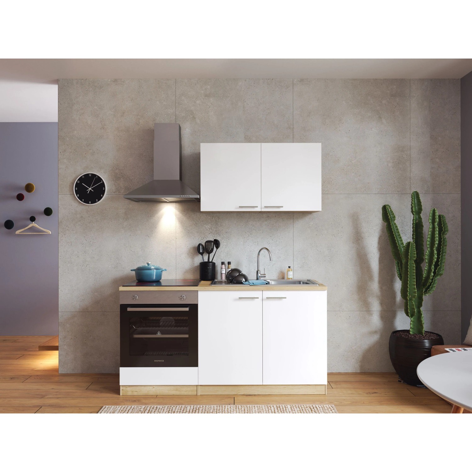 Respekta Kuchyně Merle bílá/dub 160 cm-induk.var.deska, trouba, digestoř