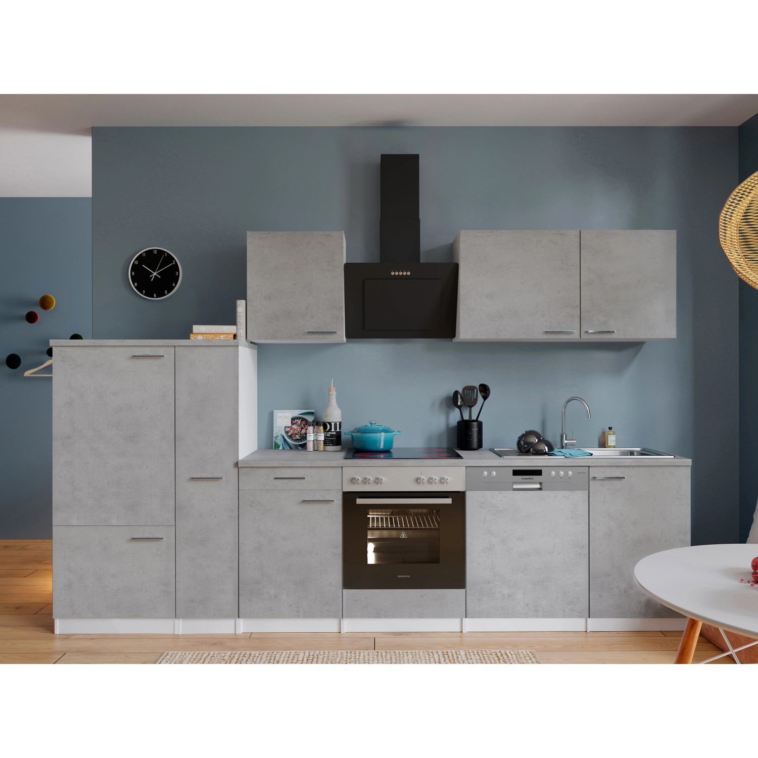 Respekta Kuchyně Malia beton/beton 310 cm - skl.deska/šik.digestoř/myčka/lednice