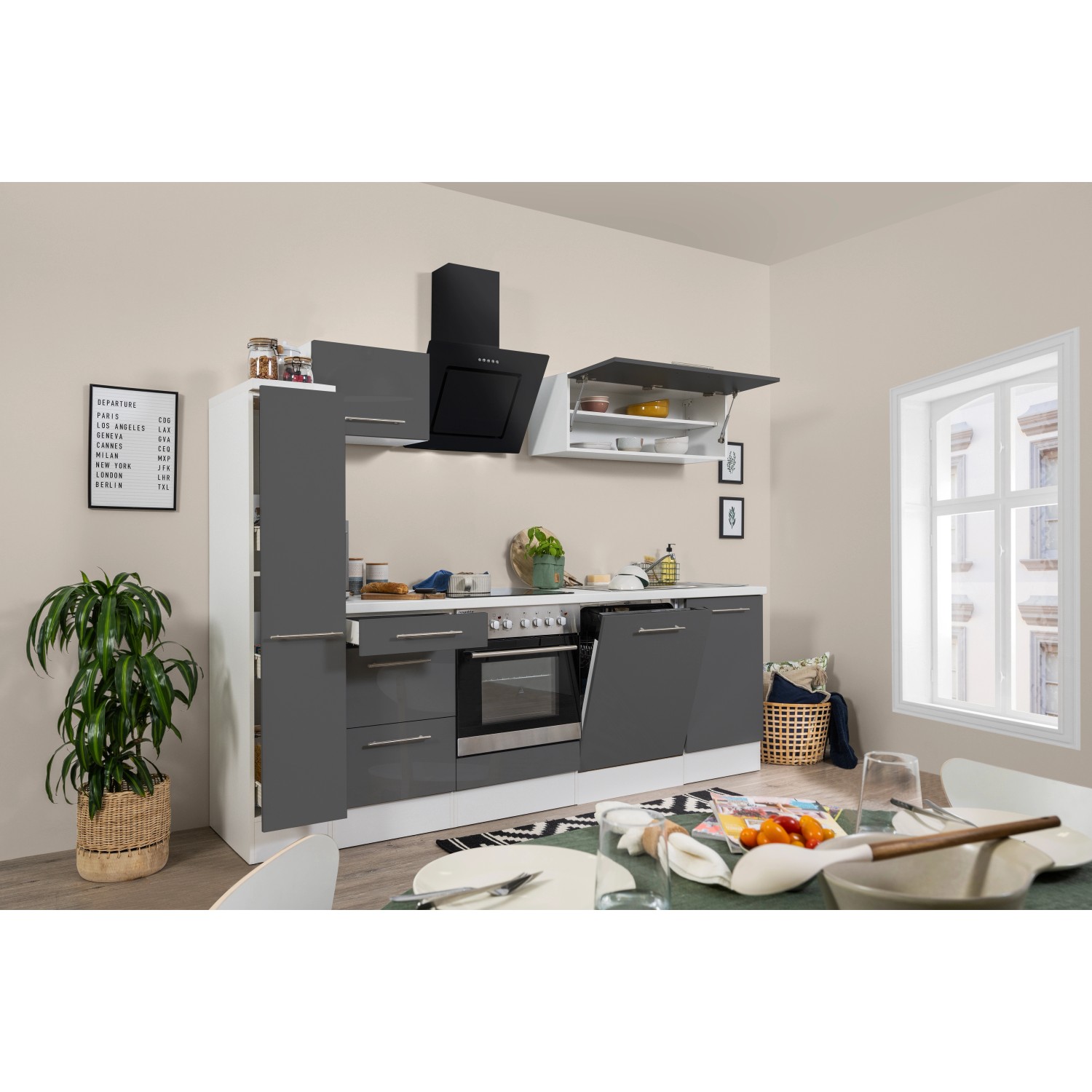 Respekta Kuchyně Amanda šedá/bílá 250 cm - trouba+sklok.d./šikmá digestoř/myčka