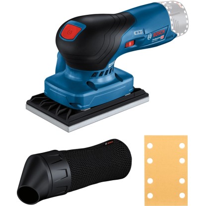 Akumulátorová vibrační bruska Bosch Professional GSS 12V-123 s příslušenstvím: bruska, prachový sáček, brusný papír.