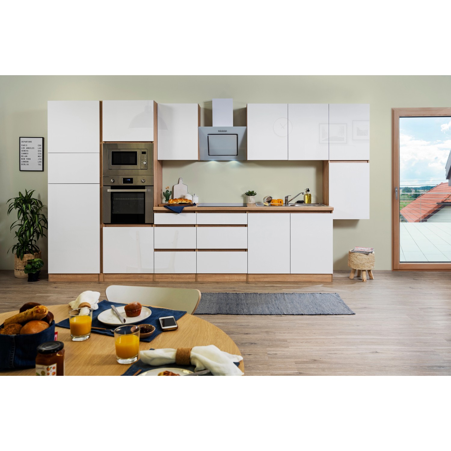 Respekta Kuchyně Lorena le.bílá/dub 385 cm-trouba/skl.d./digestoř/lednice/mikr.