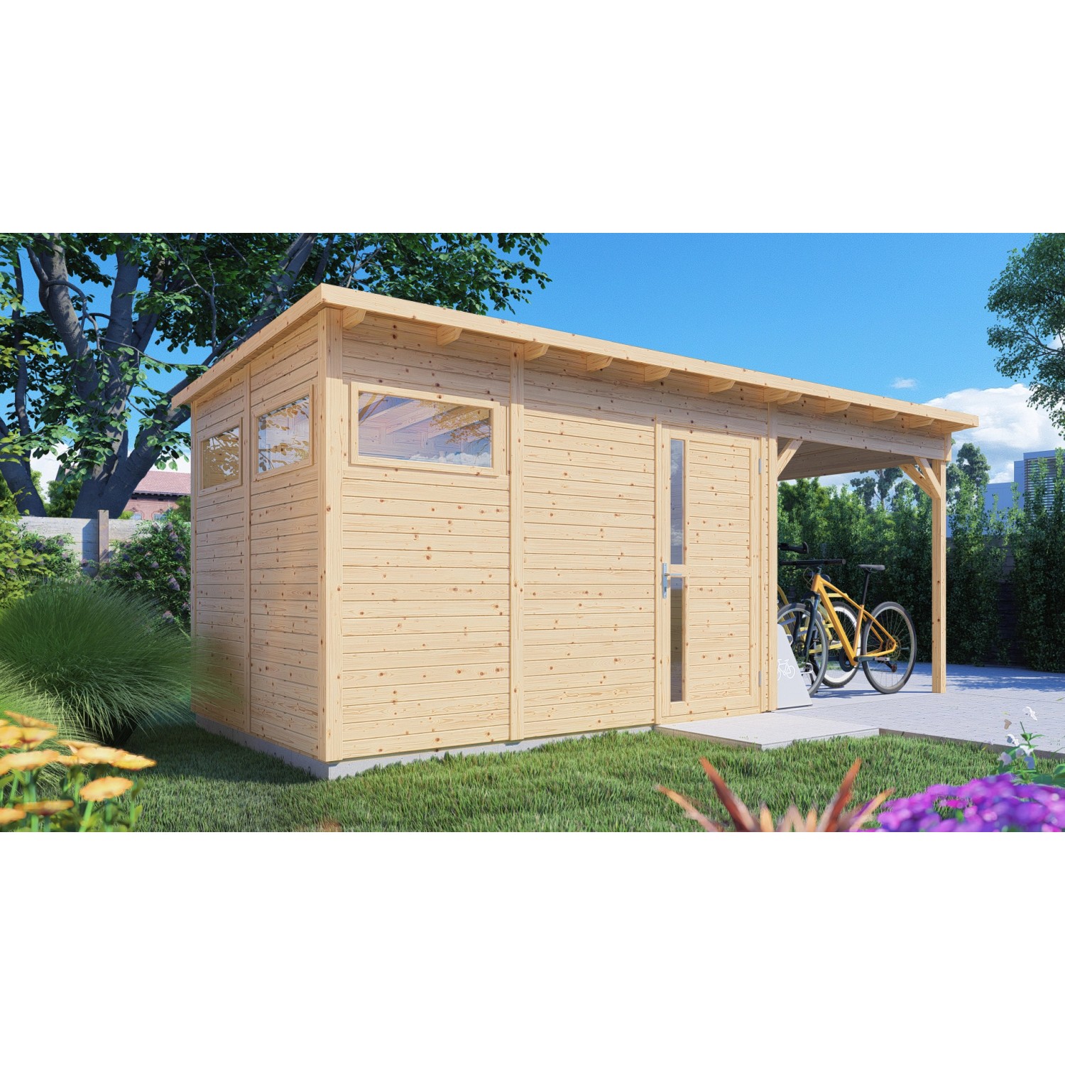 Bertilo Dřevěný domek na nářadí Pentus 3 Lounge, přírodní, 559 x 234 cm