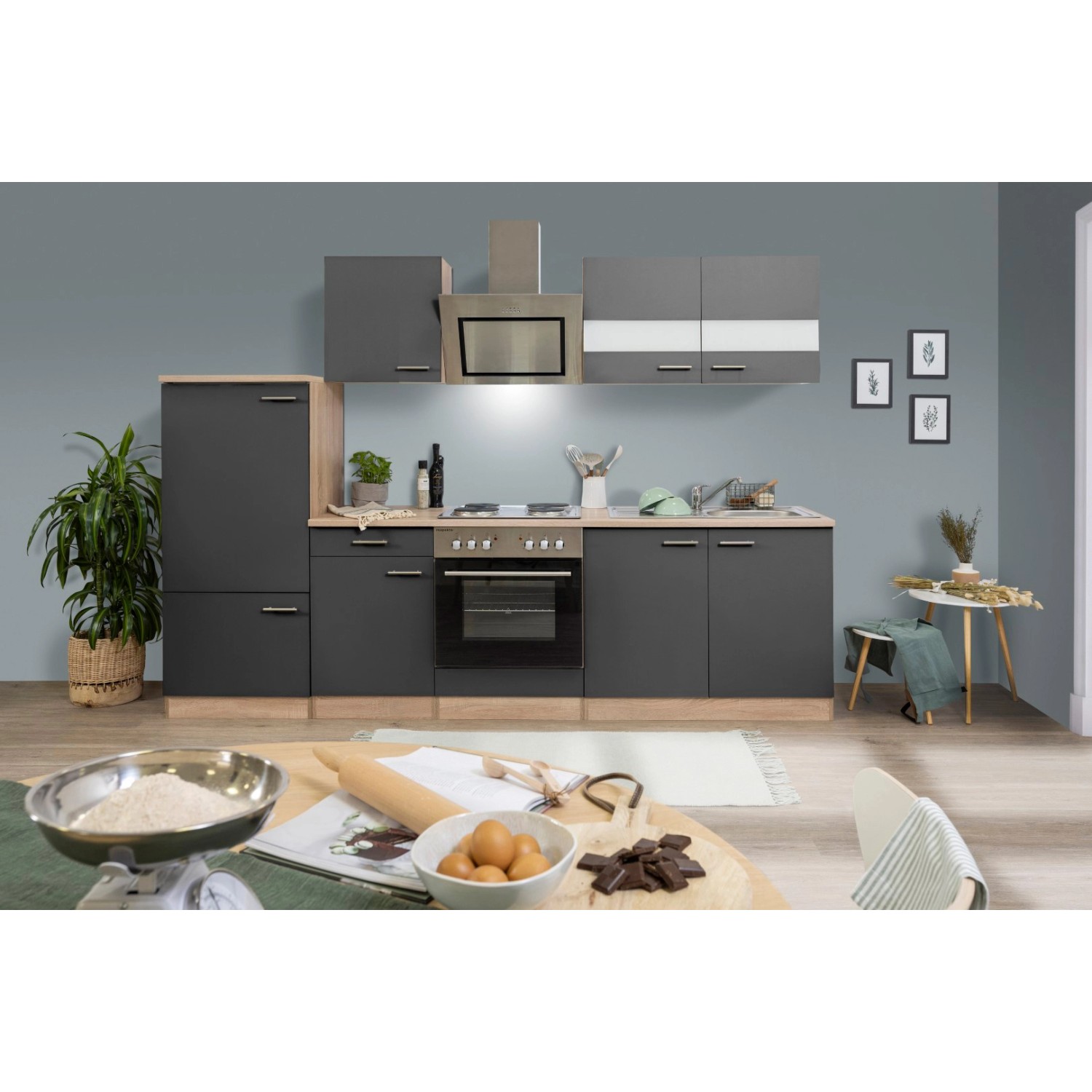 Respekta Kuchyně Merle šedá/dub 270 cm-nrz.deska/šikmá digestoř/lednice