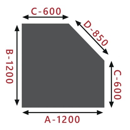Nákres t.b.t. pro příslušenství ke krbu s rozměry (A-1200, B-1200, C-600, D-850).