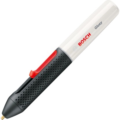 Bosch Gluey Marshmallow tavná lepicí pistole: Akumulátorová lepicí pistole v bílé a černé barvě s červeným posuvníkem.