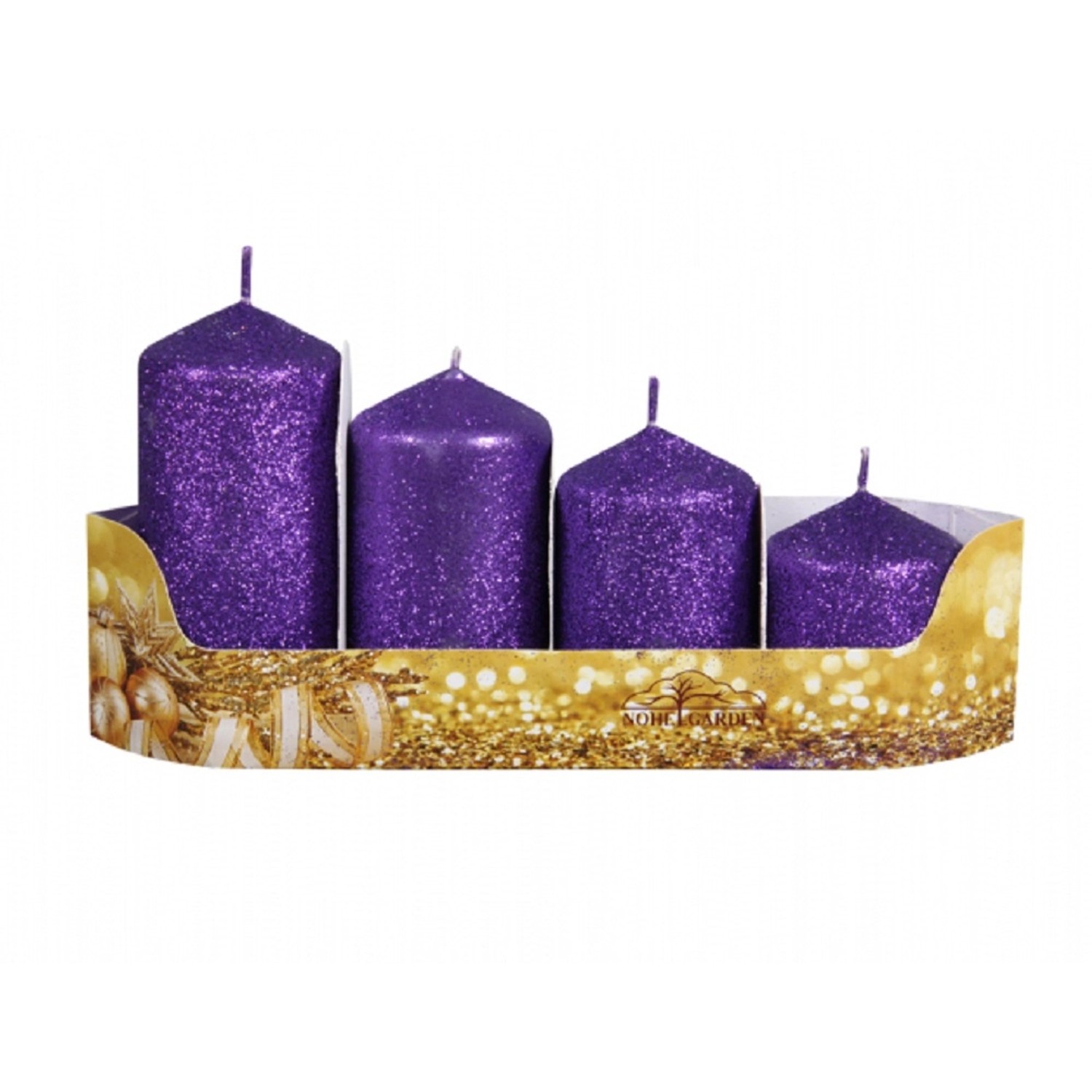 Svíčky adventní STUPŇOVITÉ glitrované fialová, pr. 5 x 6/7,5/9/10,5 cm, 4 ks