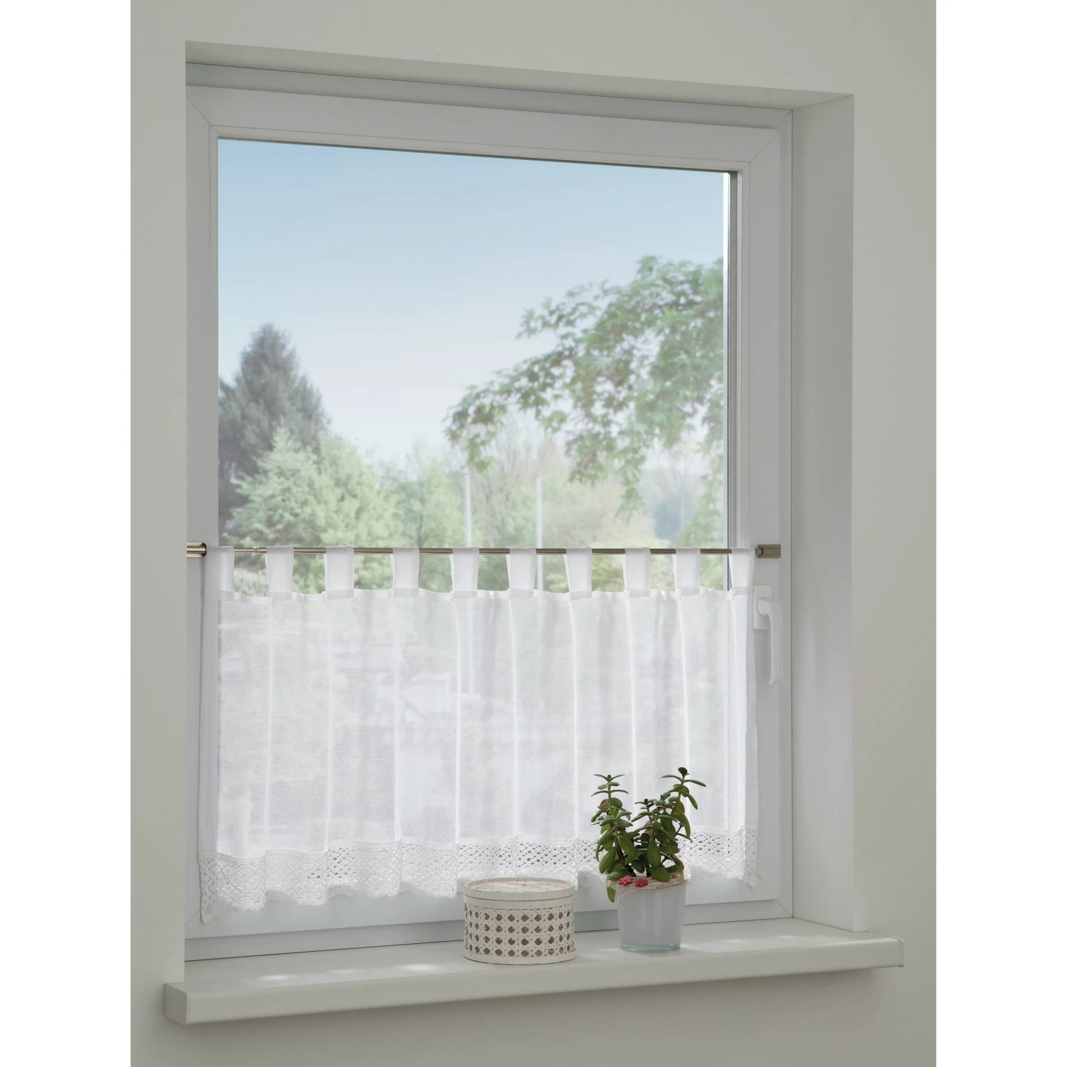 Sehlbach Vitrážová záclona s poutky, háčkovaná krajka, bílá, 140 x 48 cm