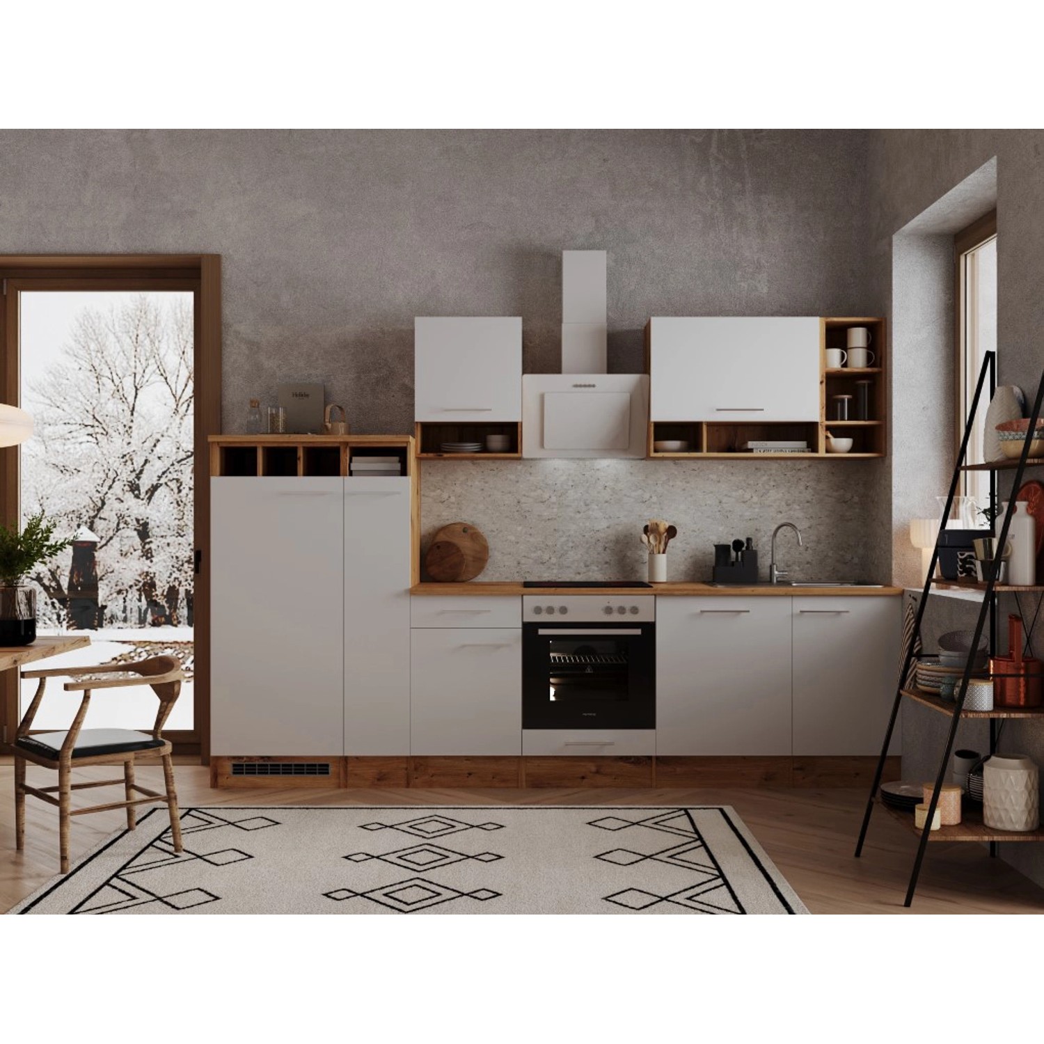 Respekta Kuchyně Hilde bílá/dub 310 cm-trouba/deska, šik.dig., myčka, lednice