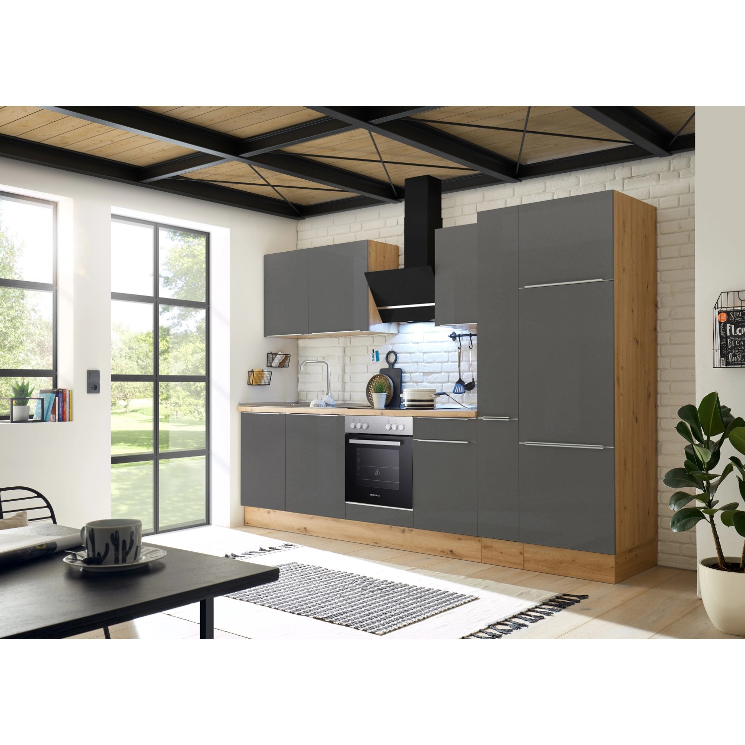 Respekta Kuchyně Marleen šedá/dub 310 cm-trouba+skl.deska/digestoř/myčka/lednice