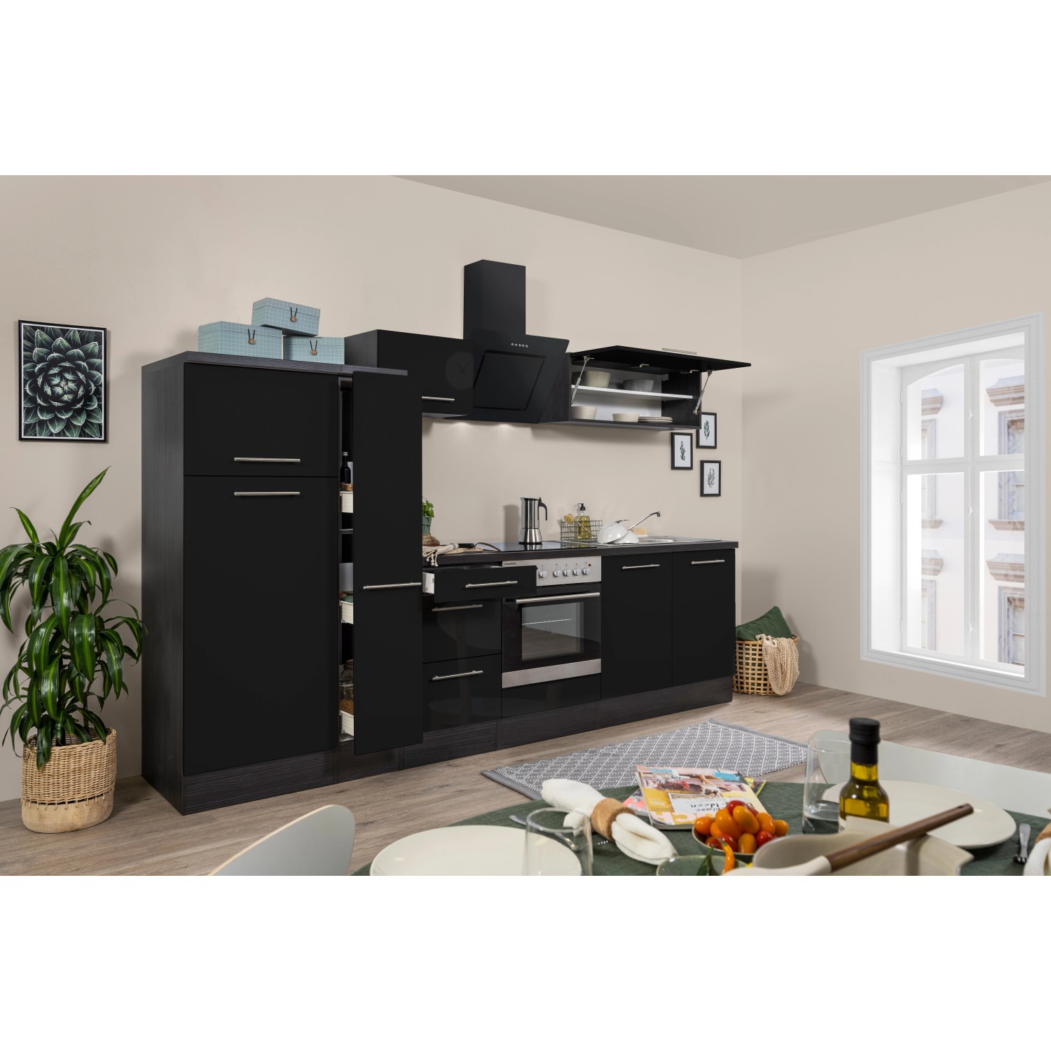 Respekta Kuchyně Amanda černá/dub 300 cm-trouba+skloker.d.a/digestoř/lednice