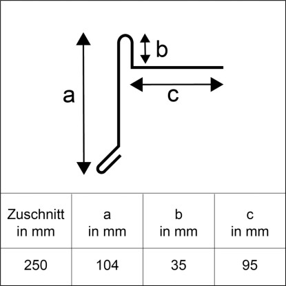Nákres okapnice z přírodního hliníku 250x1000mm: Pohled na profil s rozměry a, b, c.
