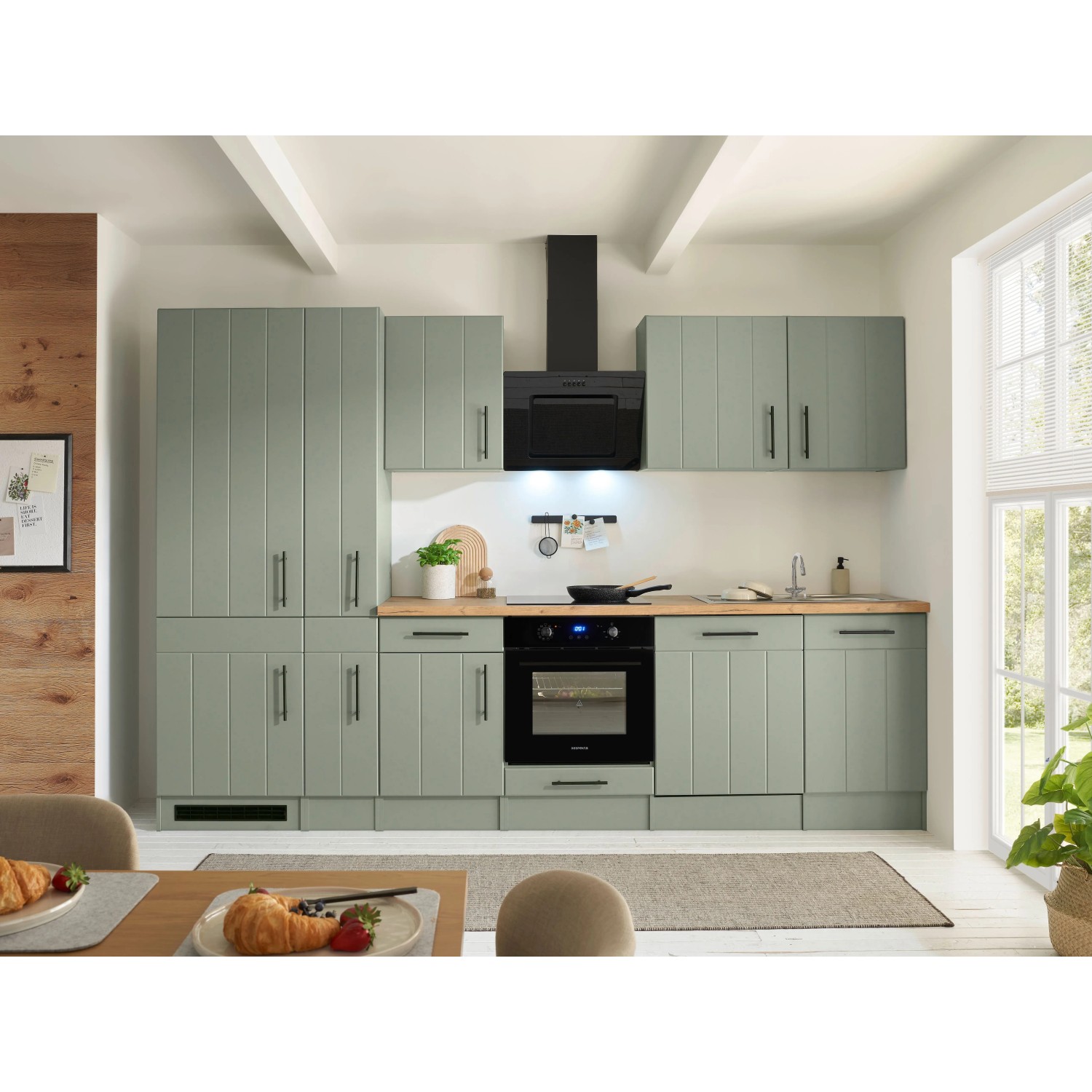 Respekta Kuchyně Anton zelená/dub divoký 310 cm-trouba/ind.d./myčka/dig./lednice