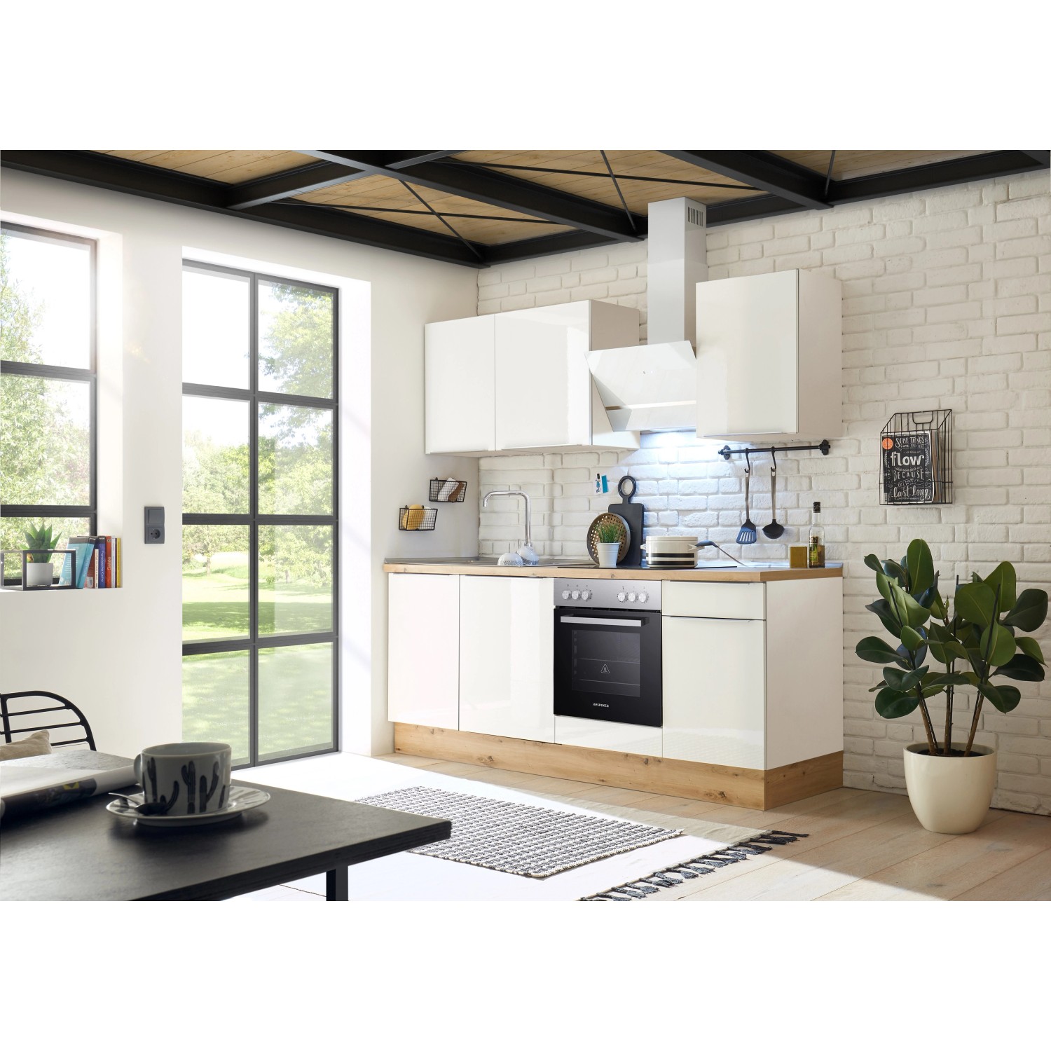 Respekta Kuchyně Marleen lesk.bílá/bílá 220 cm - skl.deska/šikmá digestoř/myčka