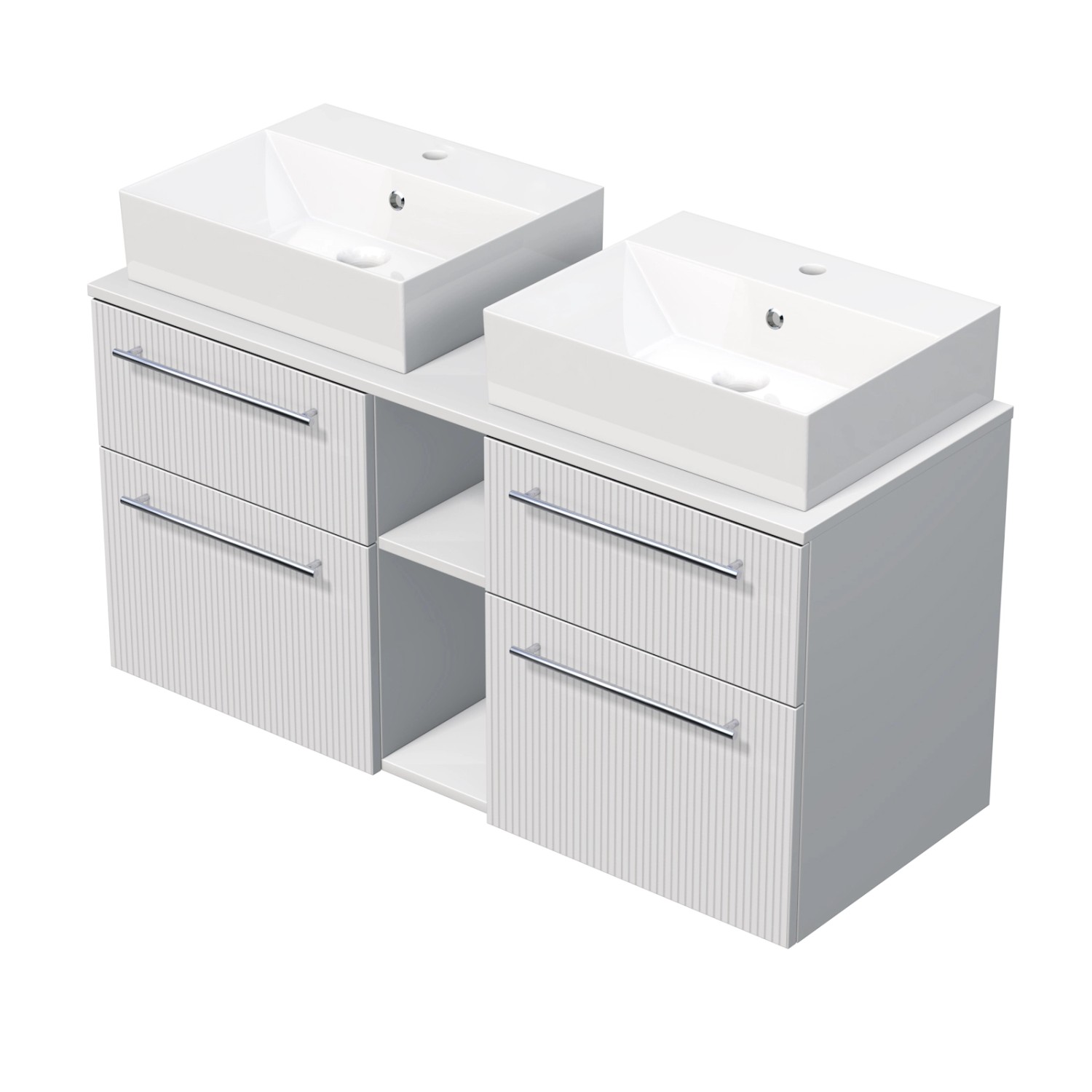 INTEDOOR Skříň+2umyvadla BEE, úchyt chrom, š.120cm, regál střed, bílá 3D pruhy