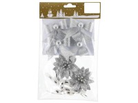 GEROMA Vánoční dekorace mašle + květiny stříbrné 7 cm, 9 ks