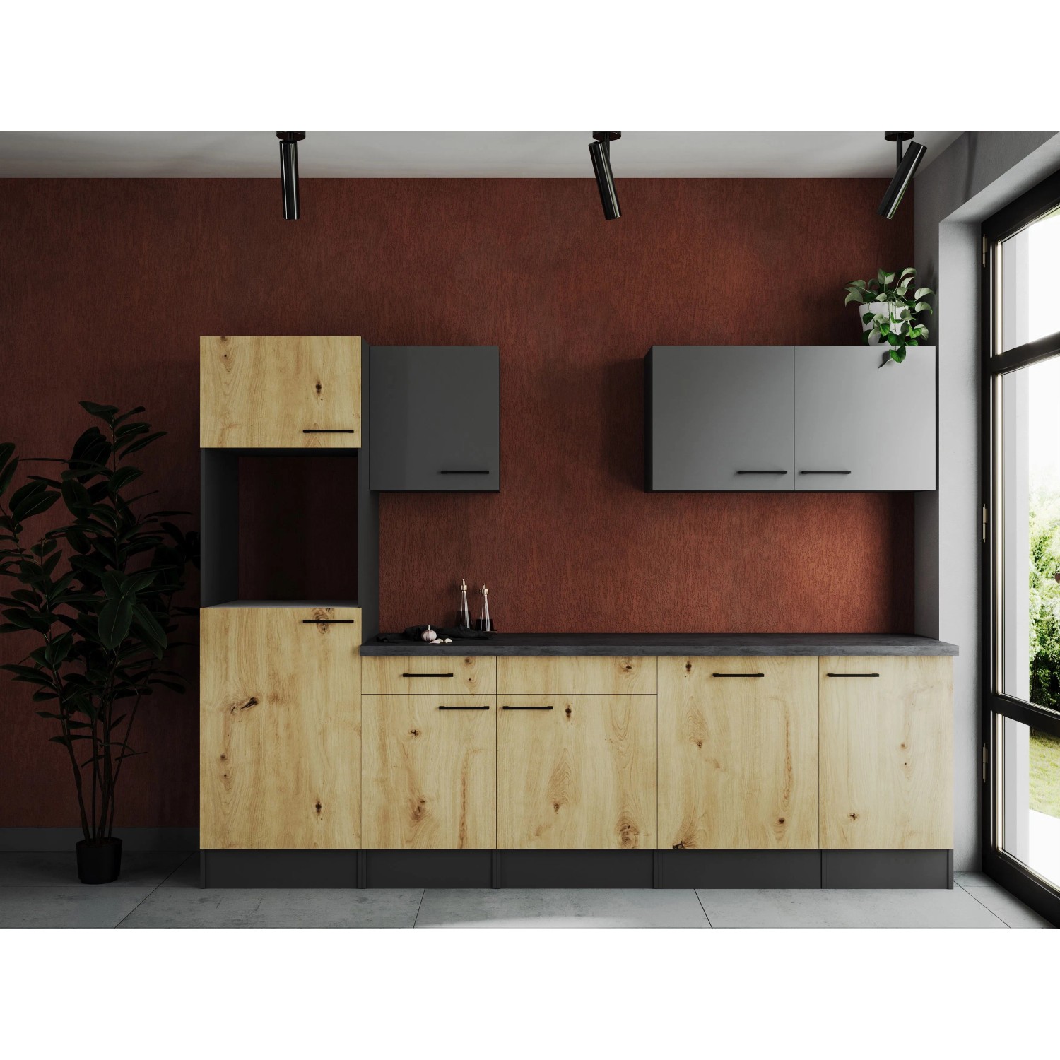 Respekta Kuchyně Oliver dub Artisan+šedá matná/žula 280 cm - bez el. přístrojů