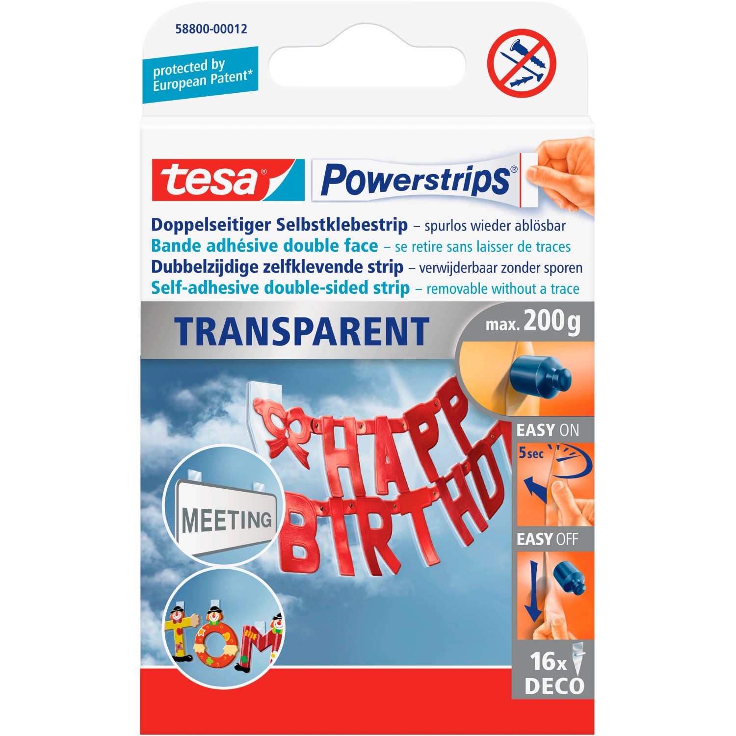 tesa Průhledné dekorační lepicí proužky Powerstrips, 16 ks