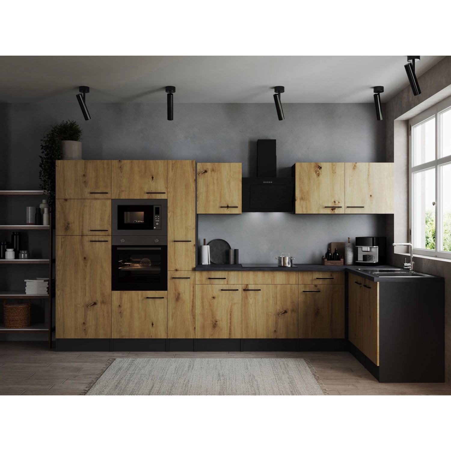 Respekta Kuchyně Oliver L dub/žula 370 cm-trouba/skl.deska/dig./myčka/led./mik.