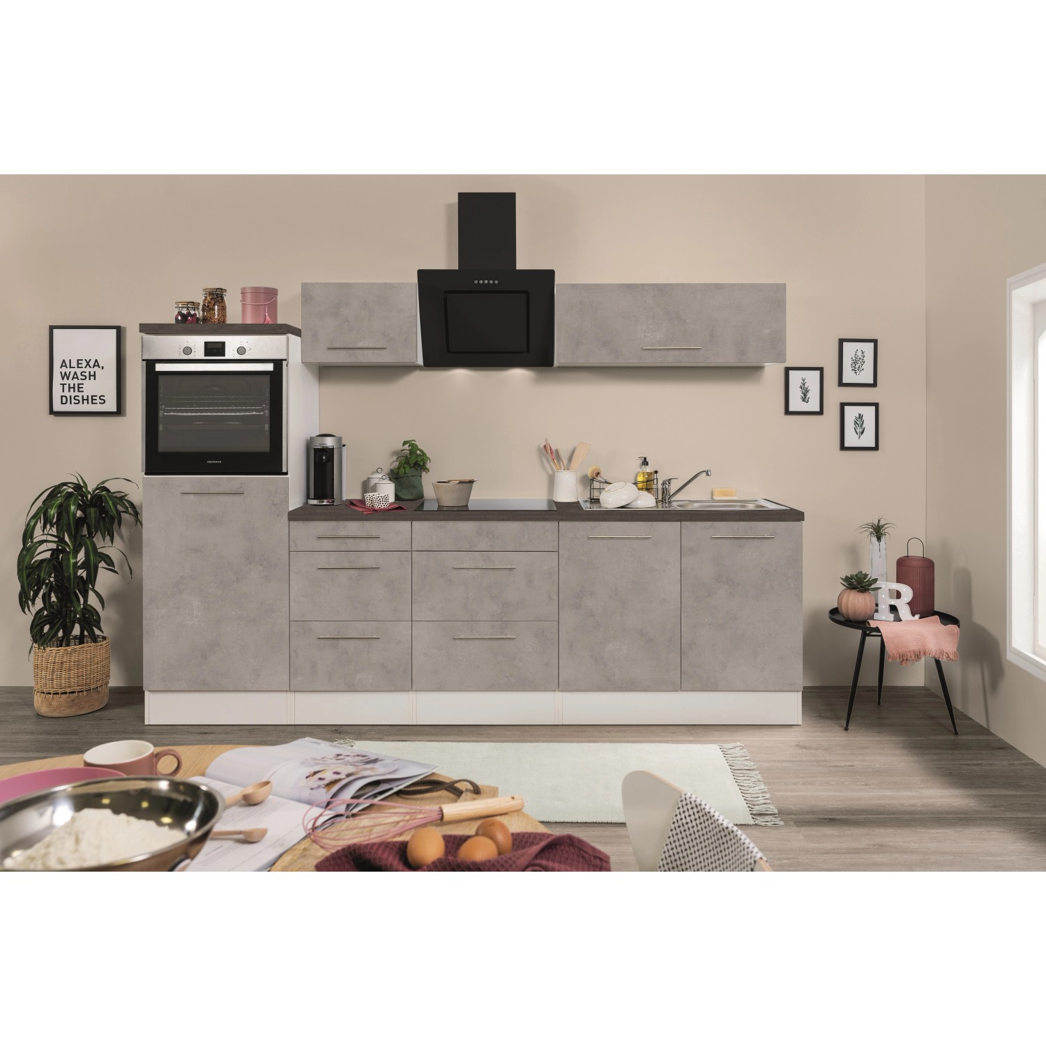 Respekta Kuchyně Amanda beton/žula 270 cm-varná deska/trouba/lednice/digestoř