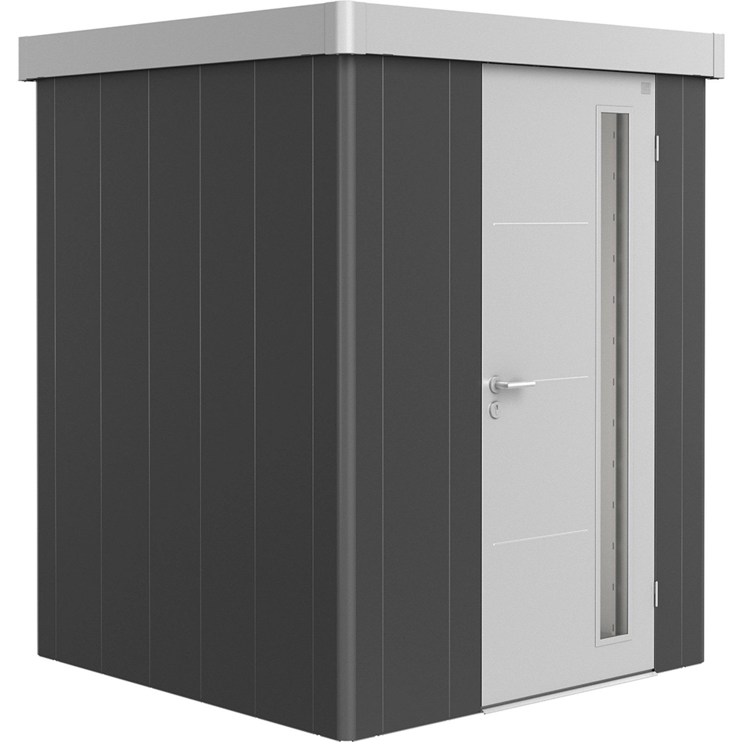 Biohort Plechový zahradní domek Neo1A 3.1 standardní dveře tm. šedá 180 x 180 cm