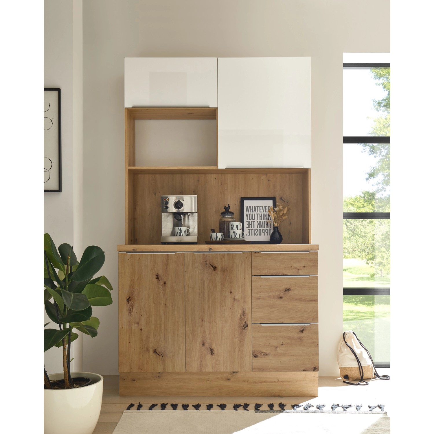 Respekta Bufet ke kuchyni Marleen lesklá bílá/dub 120 cm - bez el. přístrojů