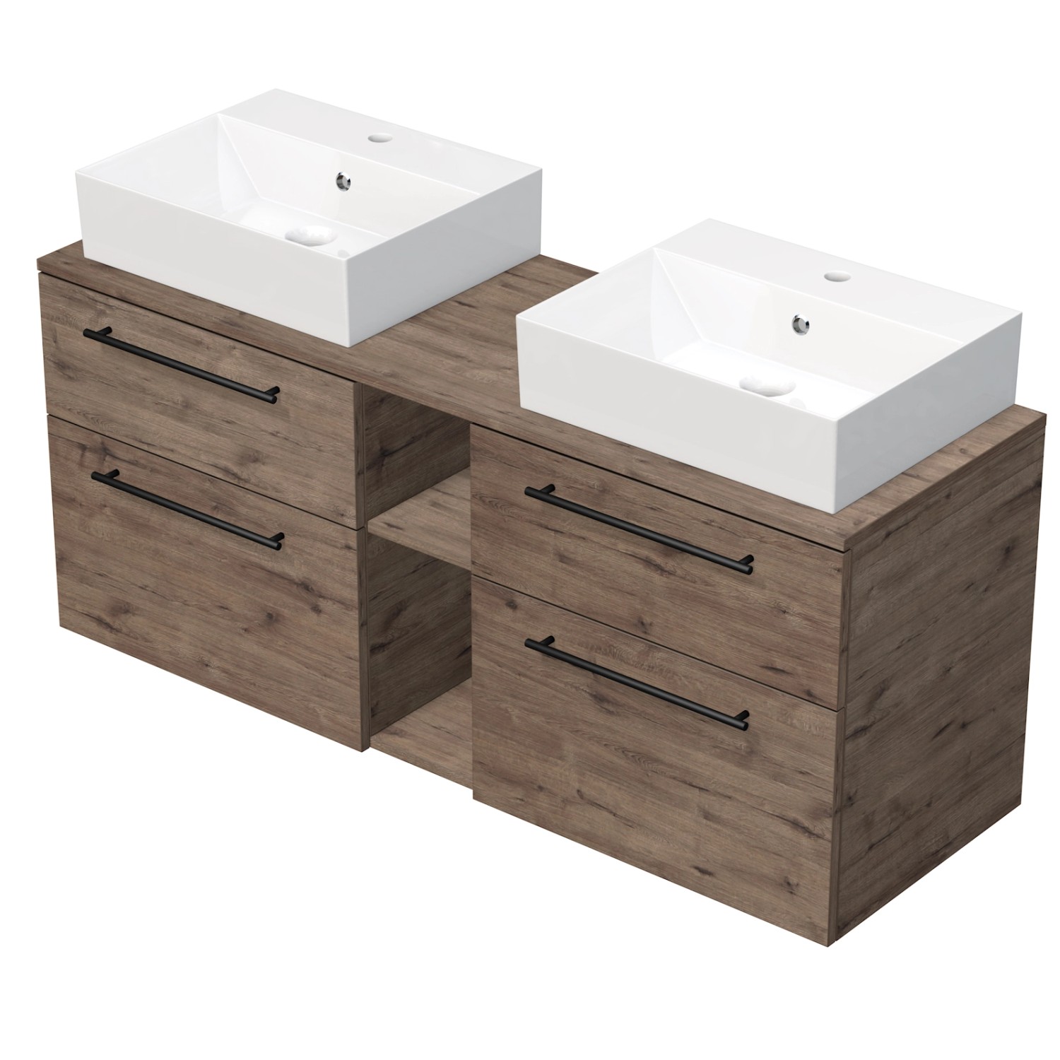 INTEDOOR Skříň+2umyvadla BEE, úchyt černý, š.140 cm, regál střed, dub Wellington