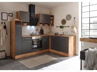 Respekta Kuchyně Hilde L šedá/dub 250 cm-trouba+sklokeramická d./digestoř/myčka