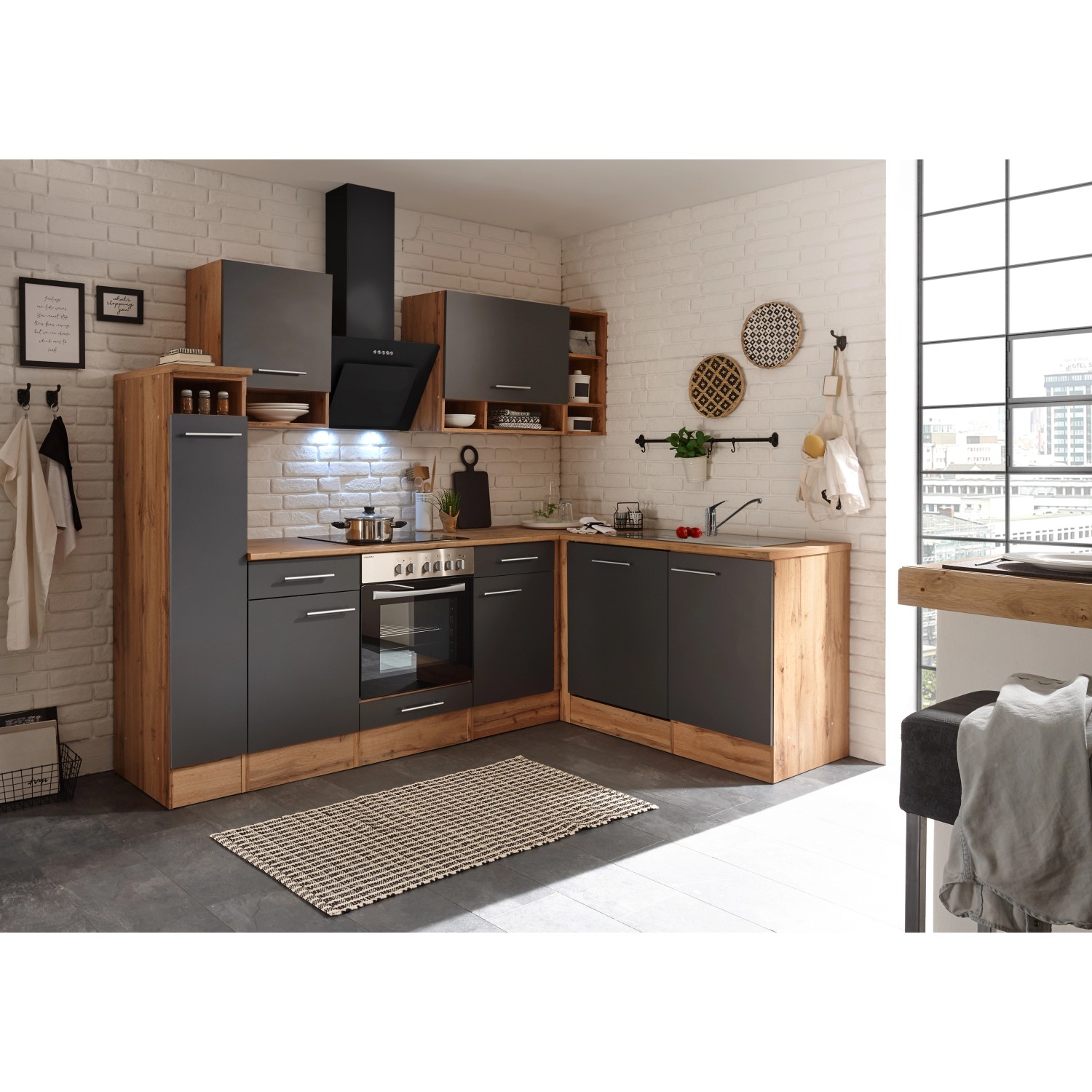 Respekta Kuchyně Hilde L šedá/dub 250 cm-trouba+sklokeramická d./digestoř/myčka