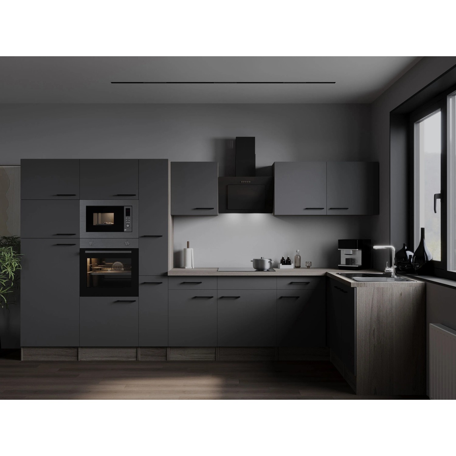 Respekta Kuchyně Oliver L šedá m./dub 370 cm-trouba/skl.d./dig./myčka/led./mik.