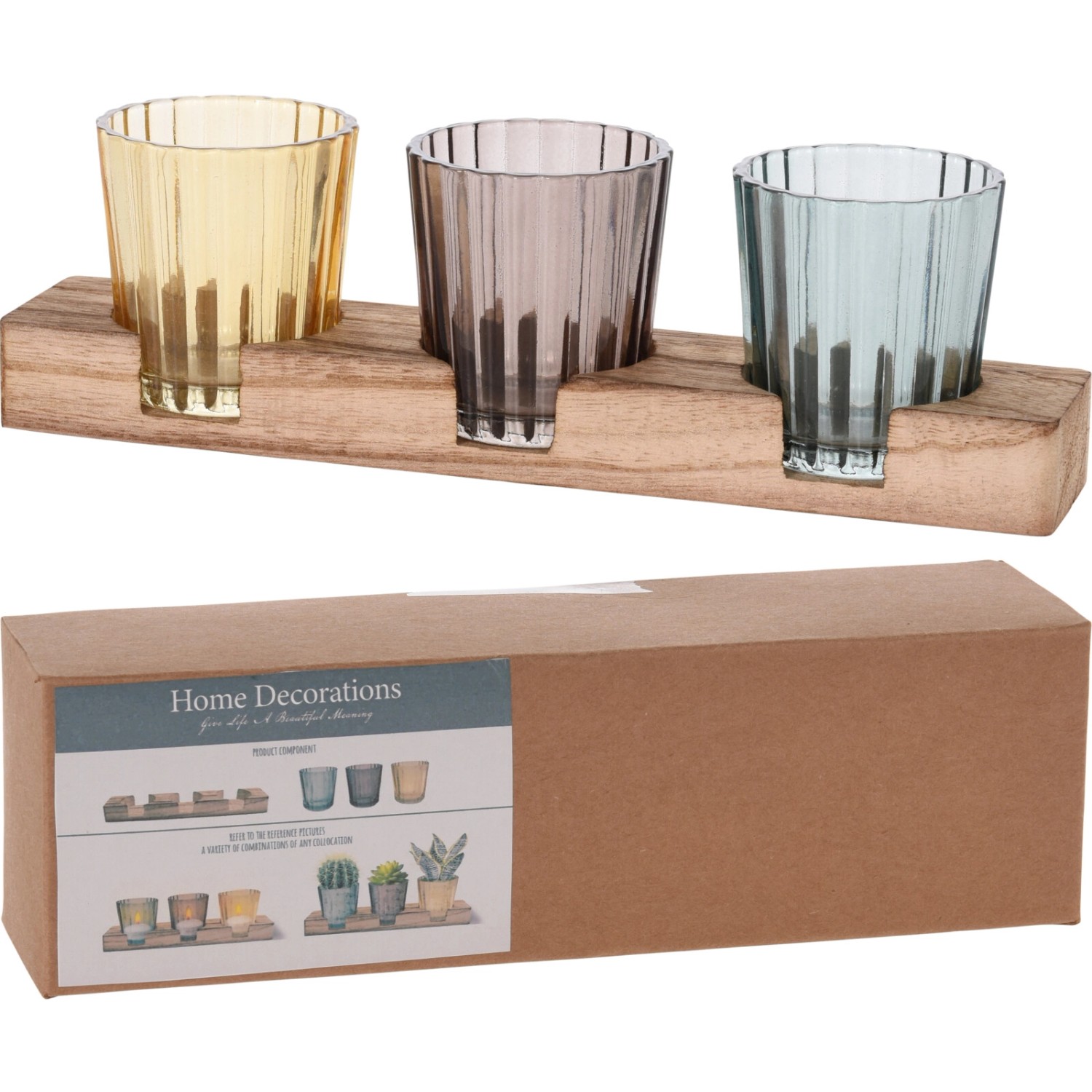 Sada skleněných svícnů, 3 barvy, 23 x 6 x 7 cm