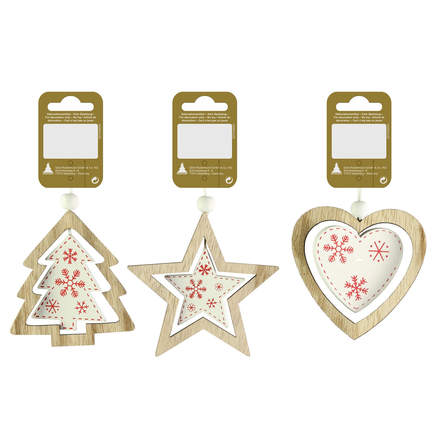 GEROMA Vánoční ozdoby dřevěné přírodní-bílá-červená různé druhy 7,5 cm, 1 ks