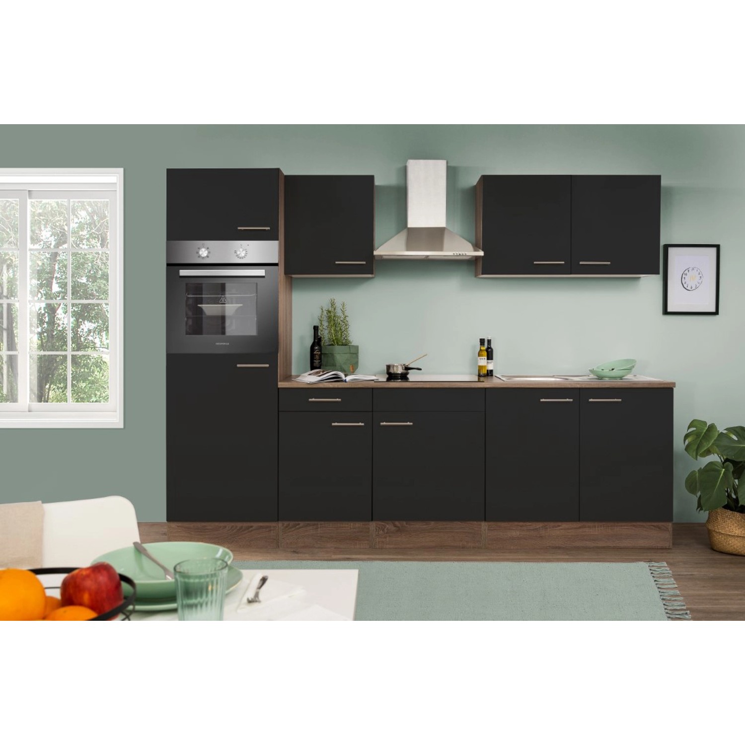 Respekta Kuchyně Oliver černá/dub 270 cm-trouba/skl.deska/digestoř/lednice