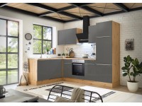 Respekta Kuchyně Marleen L šedá/dub 280 cm-trouba+skl.d./digestoř/myčka/lednice