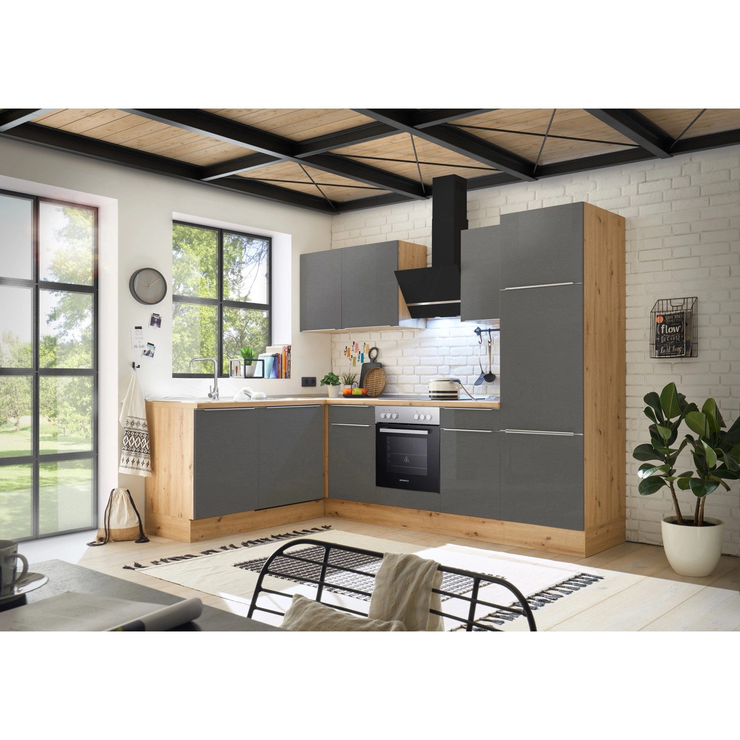 Respekta Kuchyně Marleen L šedá/dub 280 cm-trouba+skl.d./digestoř/myčka/lednice