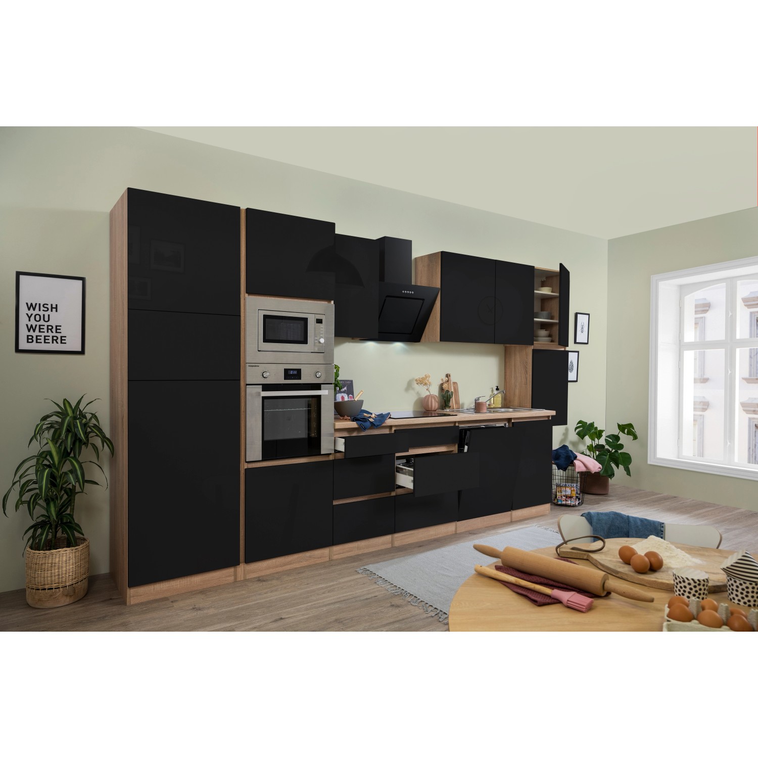 Respekta Kuchyně Lorena černá/dub 395 cm-trouba/skl.d./dig./myčka/lednice/mikr.