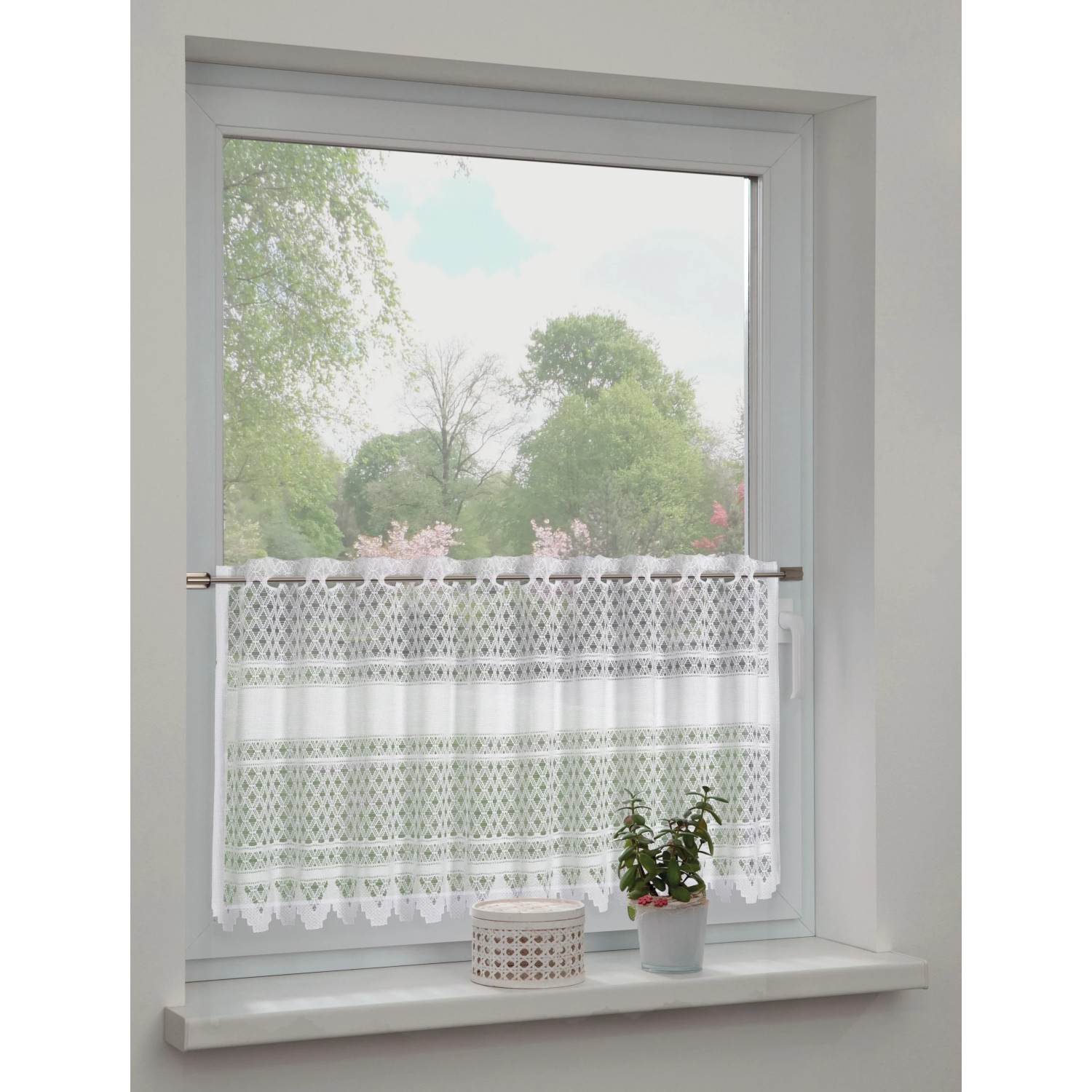 Sehlbach Vitrážová záclona se skrytými poutky, krajka, bílá, 140 x 60 cm