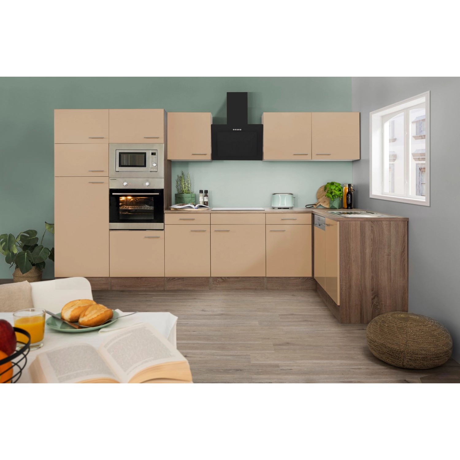 Respekta Kuchyně Oliver L capuccino/dub 340 cm-trouba/skl.d./dig./myčka/led./mi.