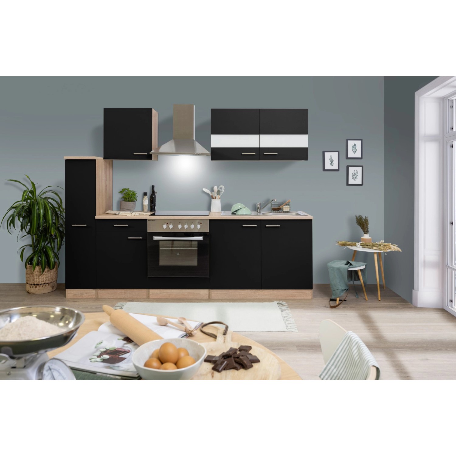 Respekta Kuchyně Merle černá/dub 240 cm-skl.deska/komín.digestoř/myčka