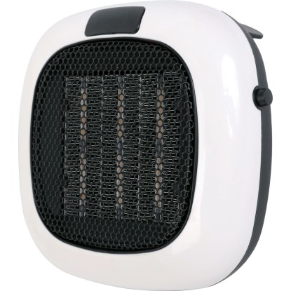 Kompaktní bílý zásuvkový ohřívač s černou mřížkou a ovládacími prvky. Elektrický ohřívač s výkonem 700 W.